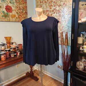 Crown & Ivy Harbor Navy Fashion Knit Ruffle Shoulder Blouse